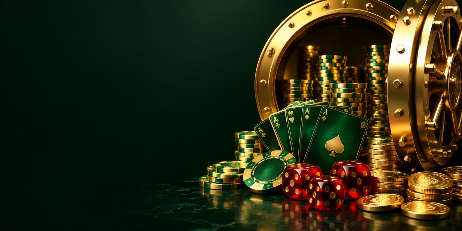 Golden vault with casino chips, cards and dice